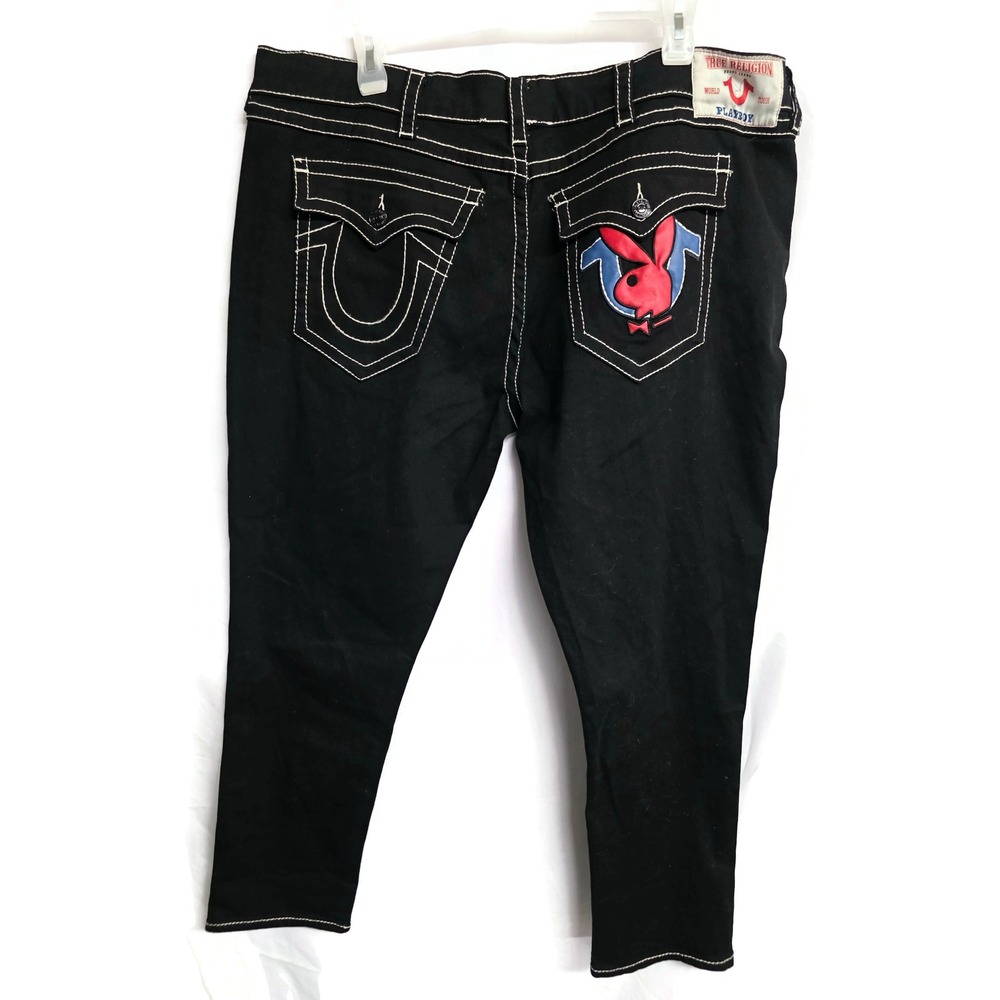 True Religion x Playboy Rocco Relaxed Skinny Black Jeans Mens 44 Big T - RARE!